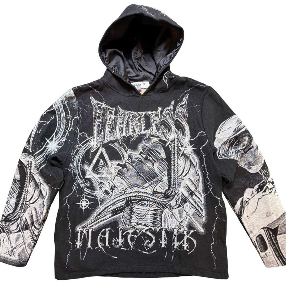 Majestik Fearless Woven Tapestry Graphic Hoodie Men's M Black‎ White Satin Lined